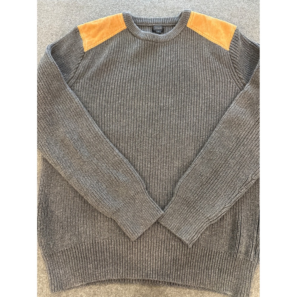 J.Crew Mens Grey Ribbed Cotton Sweater‎ Leather Shoulder Patches B6247 Large